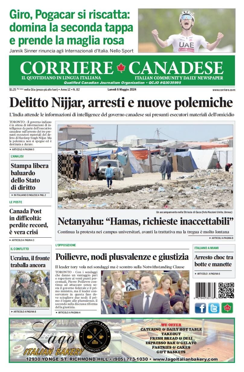 prima pagina - Corriere Canadese del 06/05/2024