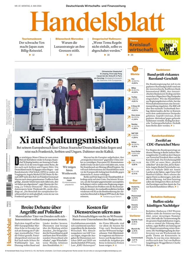 anteprima della prima pagina di handelsblatt del 06/05/2024