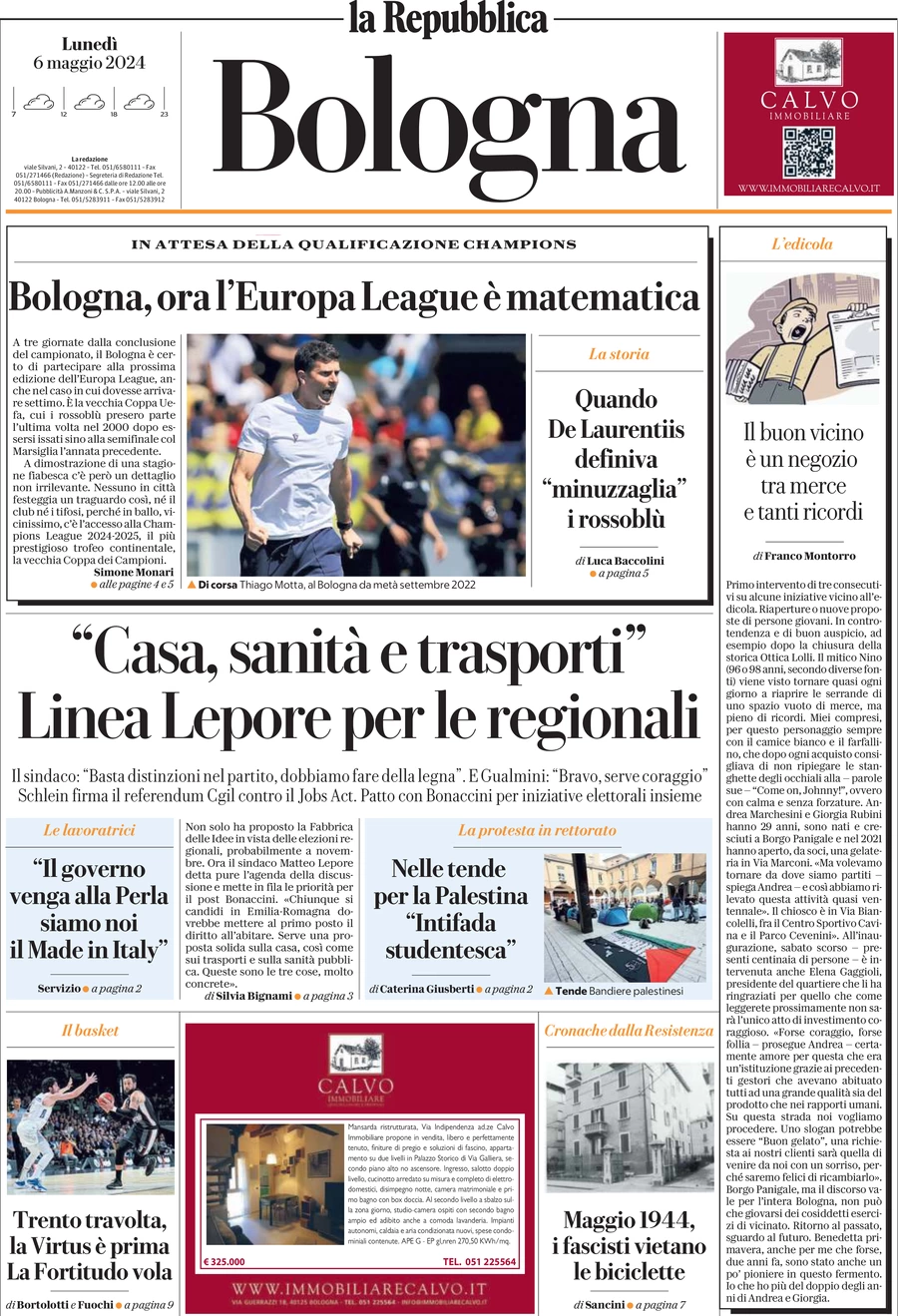 anteprima della prima pagina di La Repubblica (Bologna)