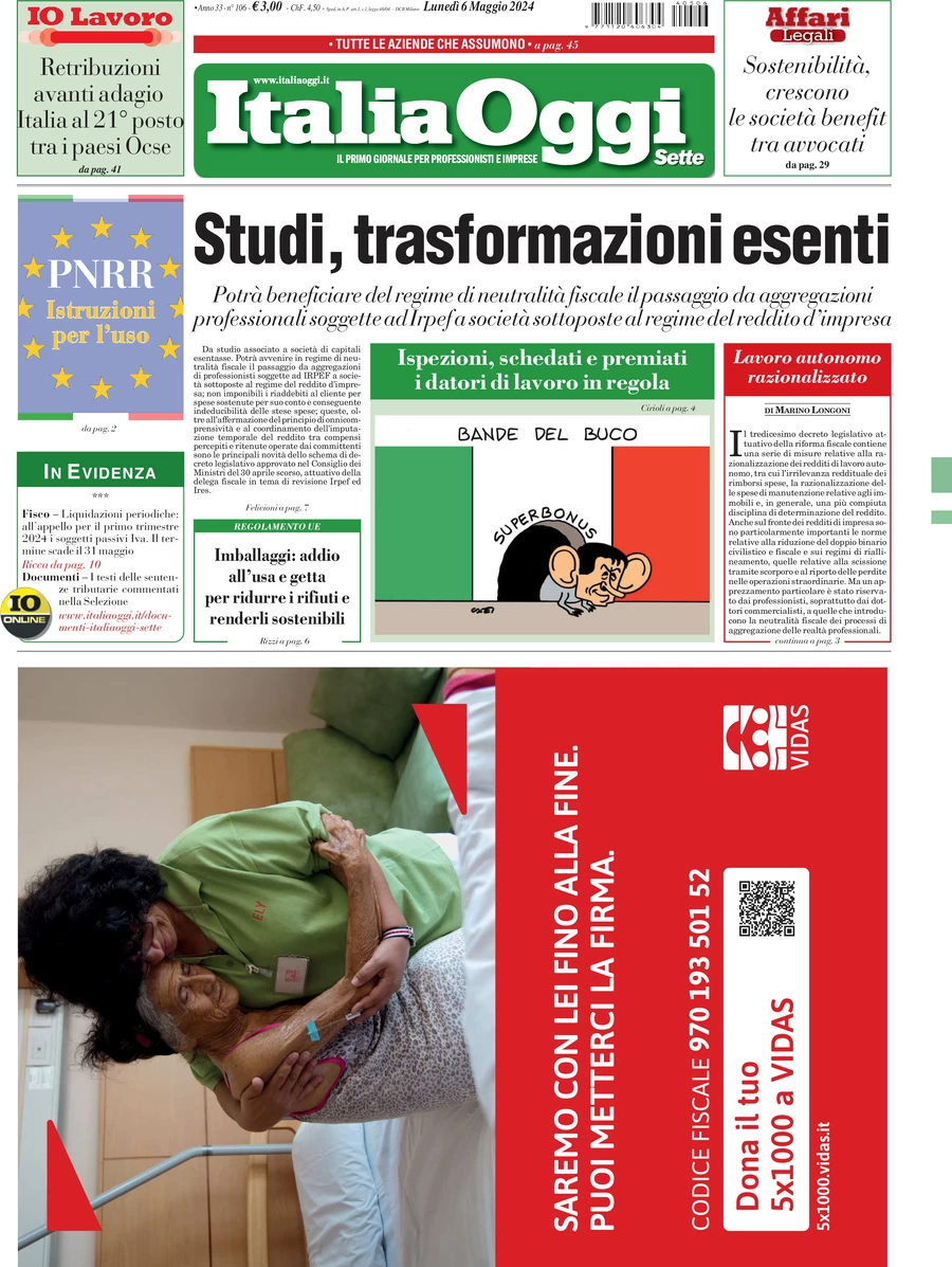 prima pagina - ItaliaOggi del 06/05/2024