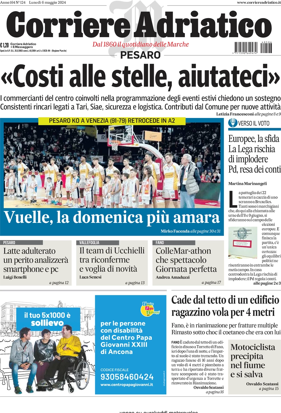anteprima della prima pagina di Corriere Adriatico (Pesaro)