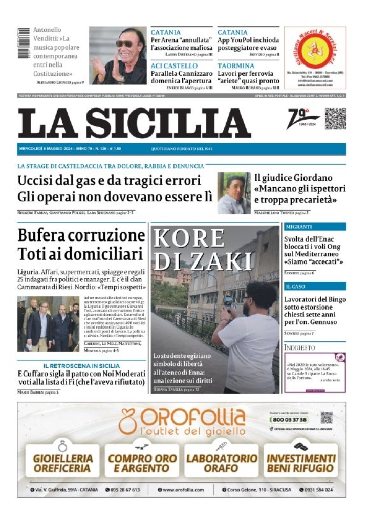 anteprima della prima pagina di la-sicilia del 08/05/2024