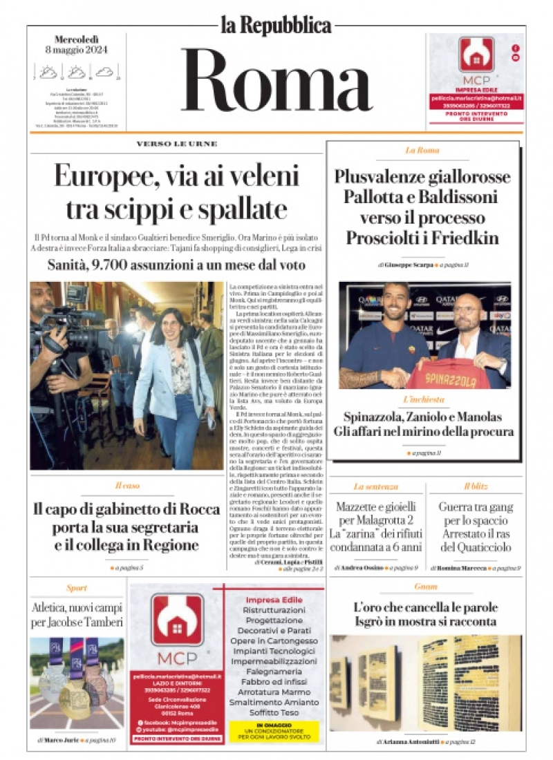 anteprima della prima pagina di la-repubblica-roma del 08/05/2024