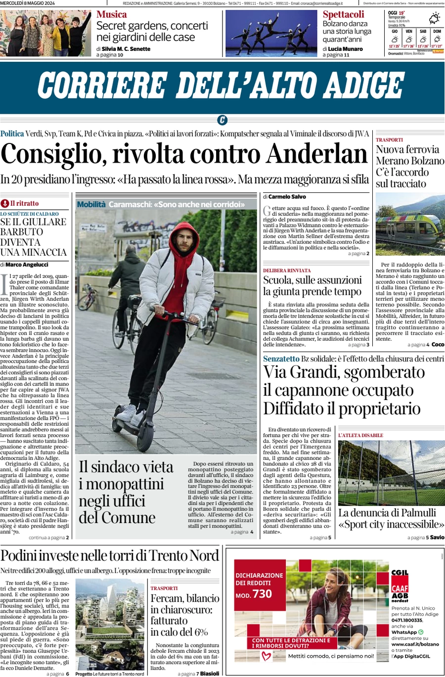 anteprima della prima pagina di corriere-dellalto-adige del 08/05/2024