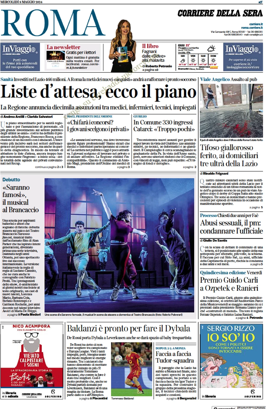 anteprima della prima pagina di corriere-della-sera-roma del 08/05/2024