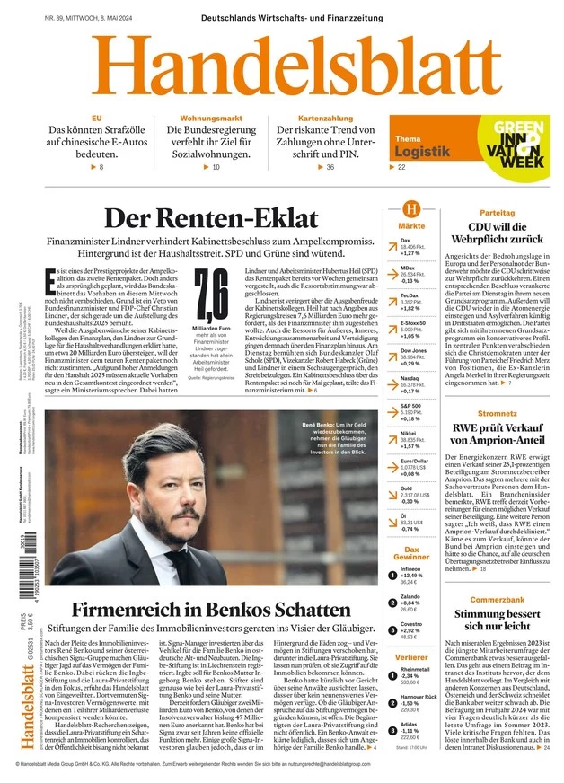 anteprima della prima pagina di handelsblatt del 08/05/2024