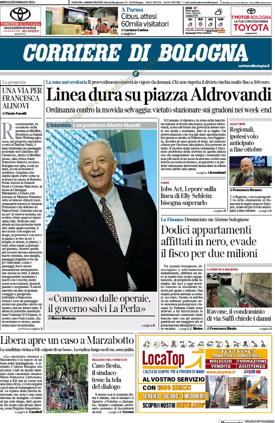 anteprima della prima pagina di corriere-di-bologna del 08/05/2024