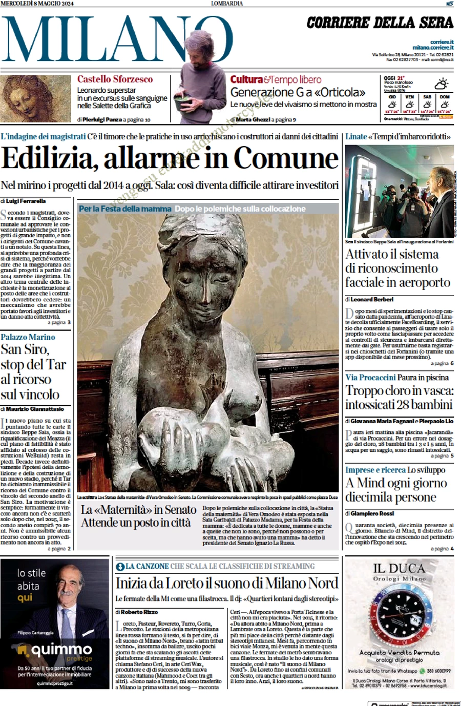 anteprima della prima pagina di corriere-della-sera-milano del 08/05/2024