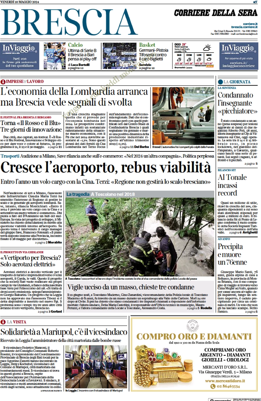 anteprima della prima pagina di corriere-della-sera-brescia del 10/05/2024