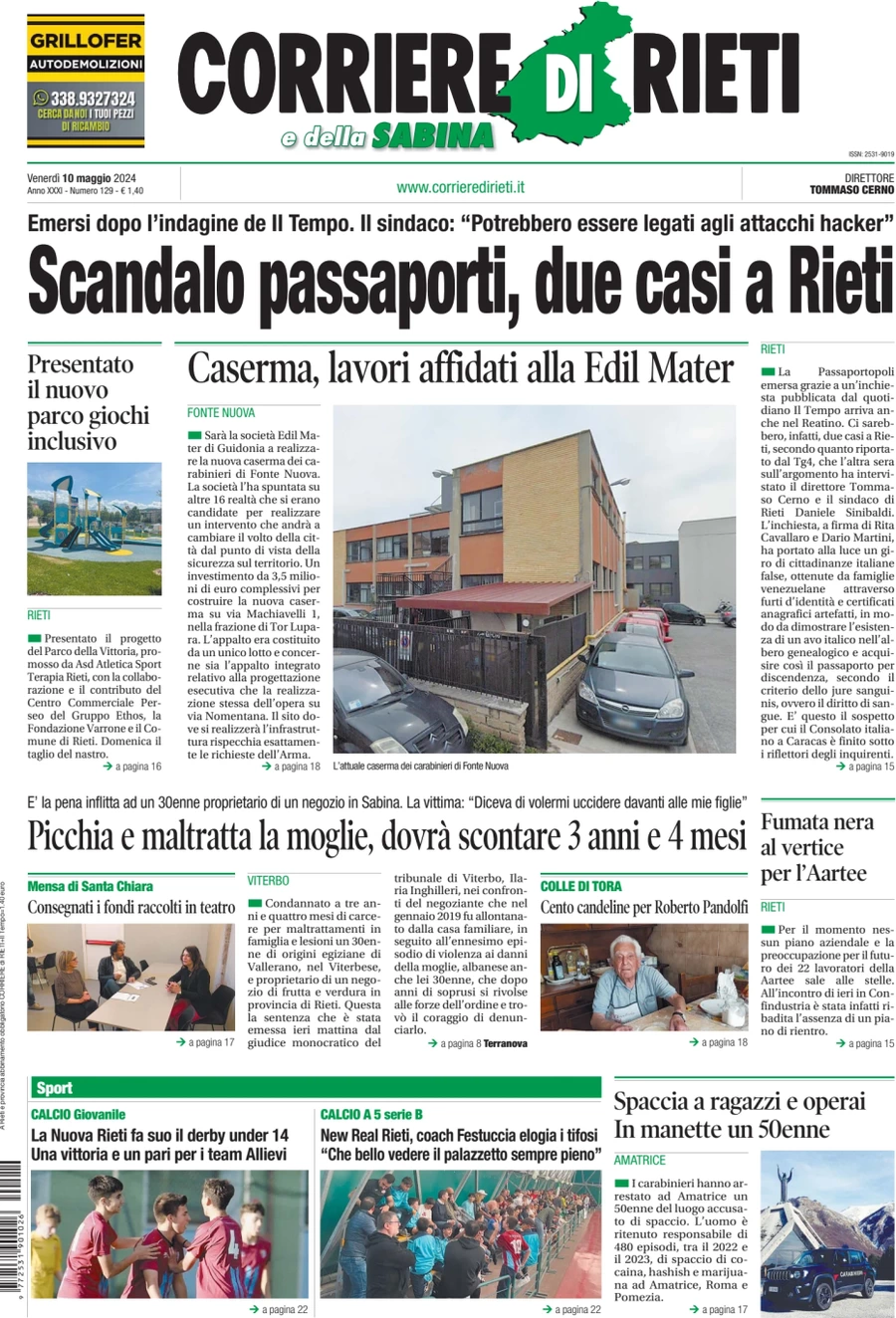 anteprima della prima pagina di corriere-di-rieti-e-della-sabina del 10/05/2024