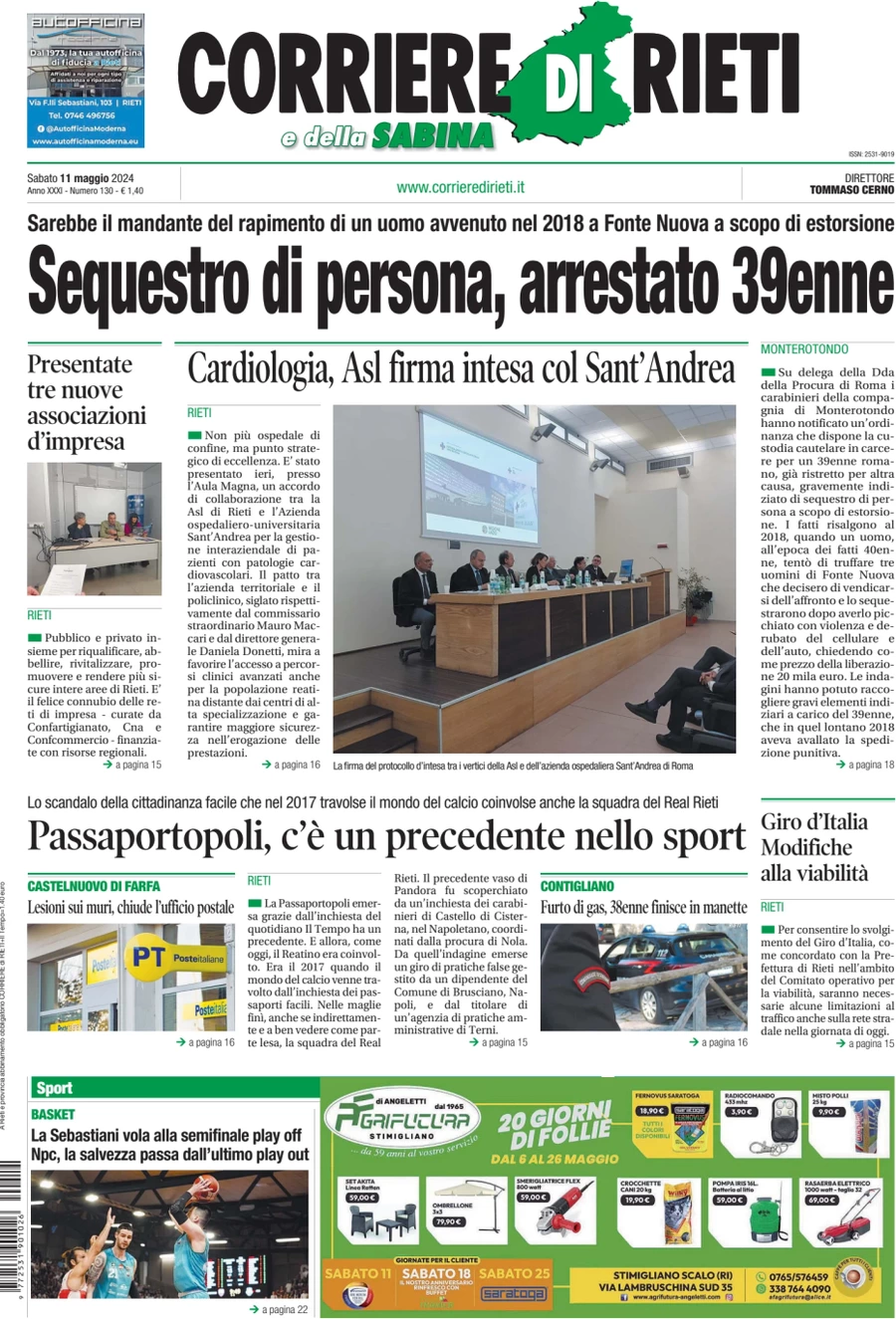 anteprima della prima pagina di corriere-di-rieti-e-della-sabina del 11/05/2024