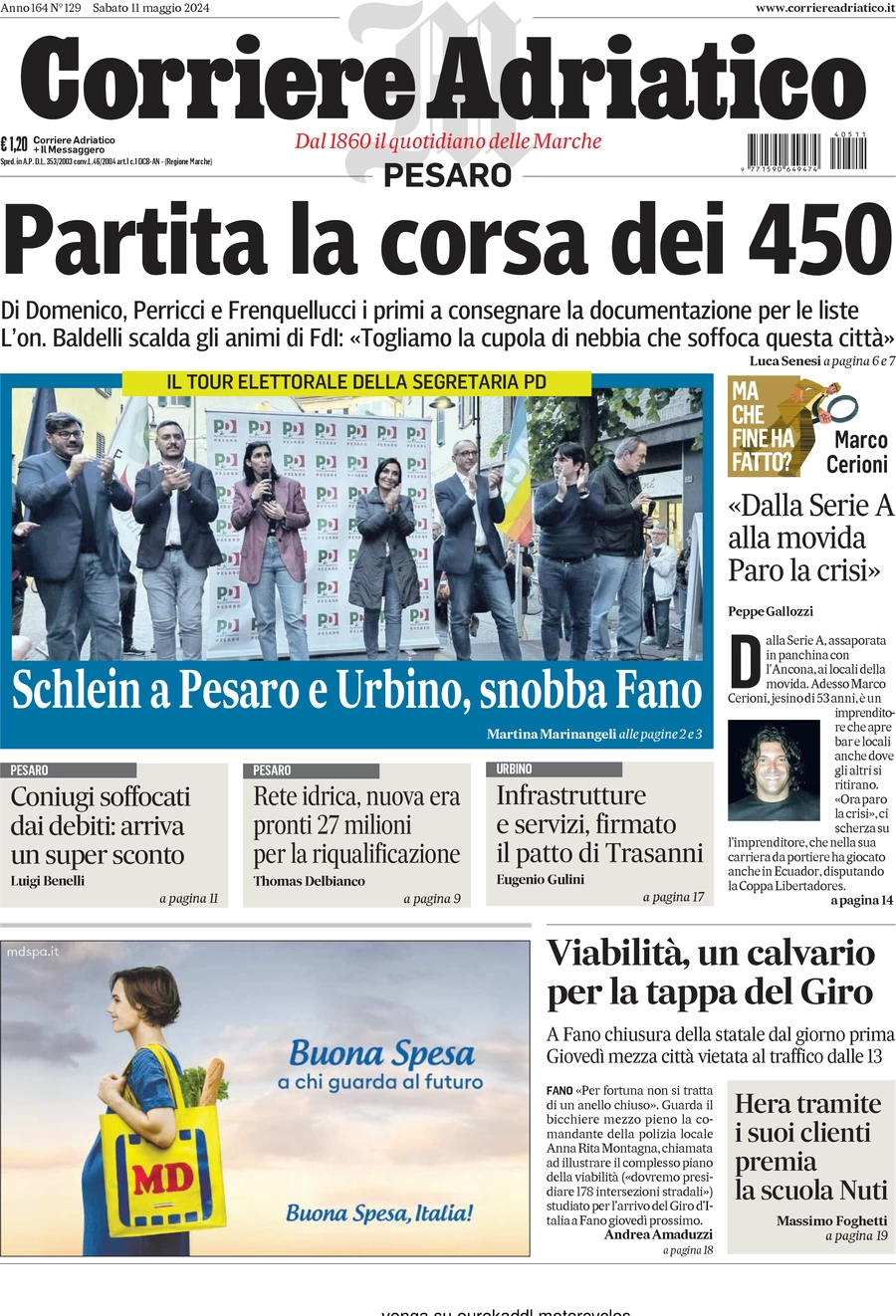 anteprima della prima pagina di corriere-adriatico-pesaro del 11/05/2024