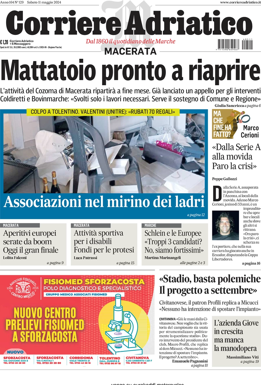 anteprima della prima pagina di corriere-adriatico-macerata del 11/05/2024