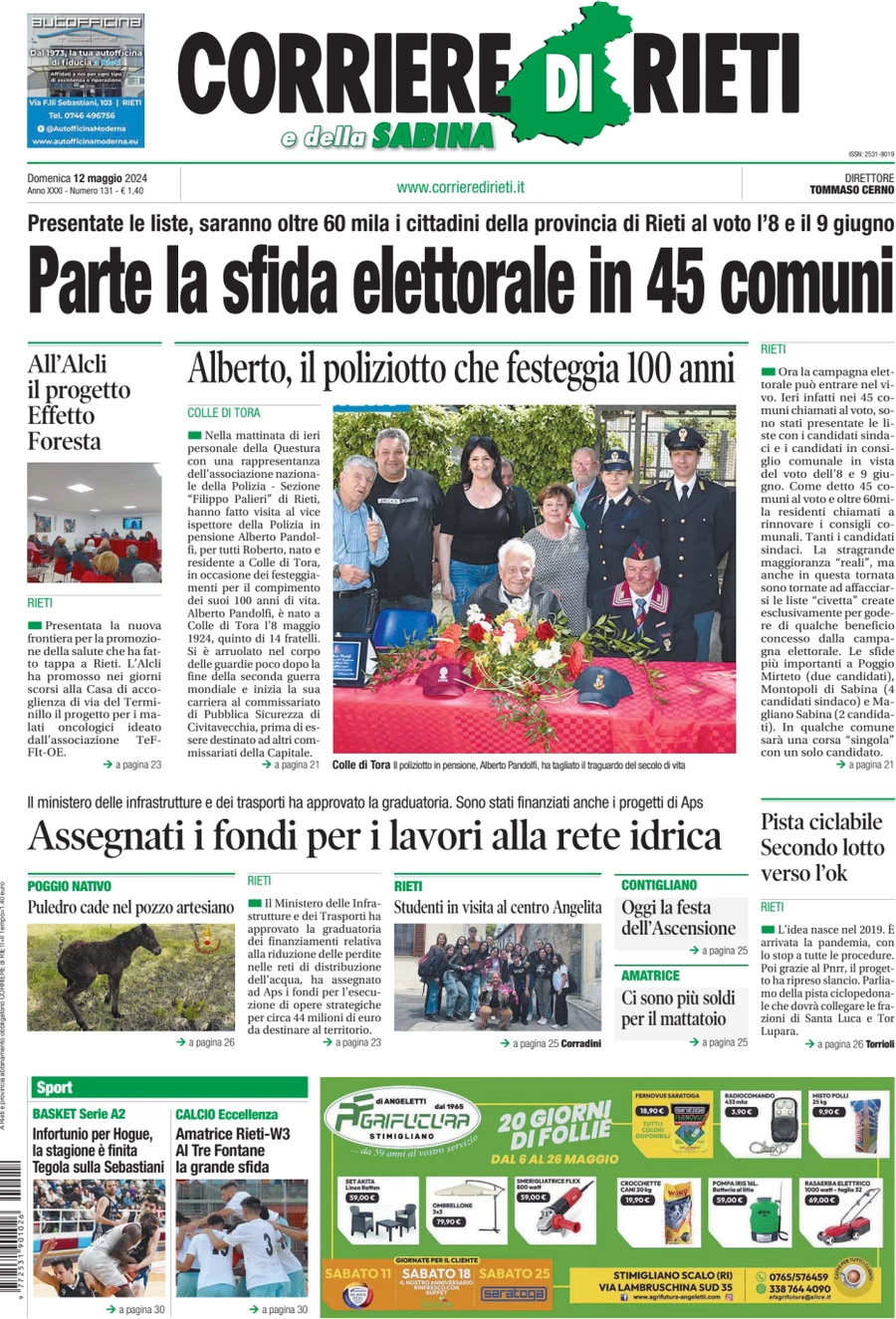anteprima della prima pagina di corriere-di-rieti-e-della-sabina del 12/05/2024