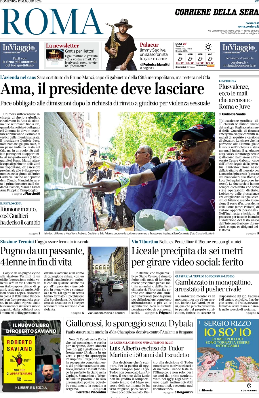 anteprima della prima pagina di corriere-della-sera-roma del 12/05/2024