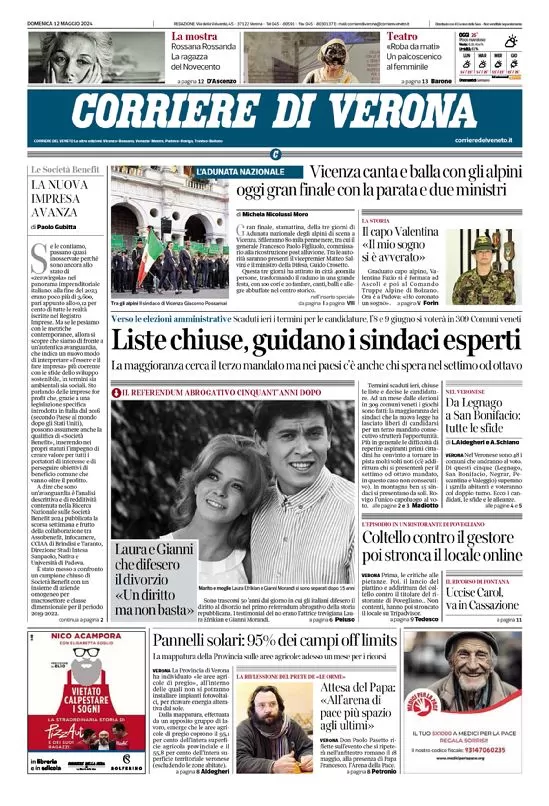 anteprima della prima pagina di corriere-di-verona del 12/05/2024