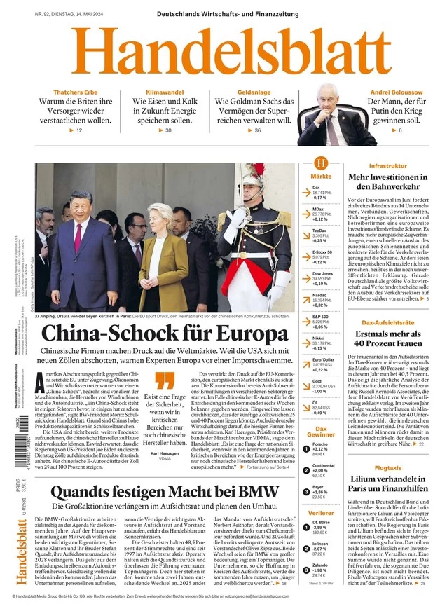 anteprima della prima pagina di handelsblatt del 14/05/2024