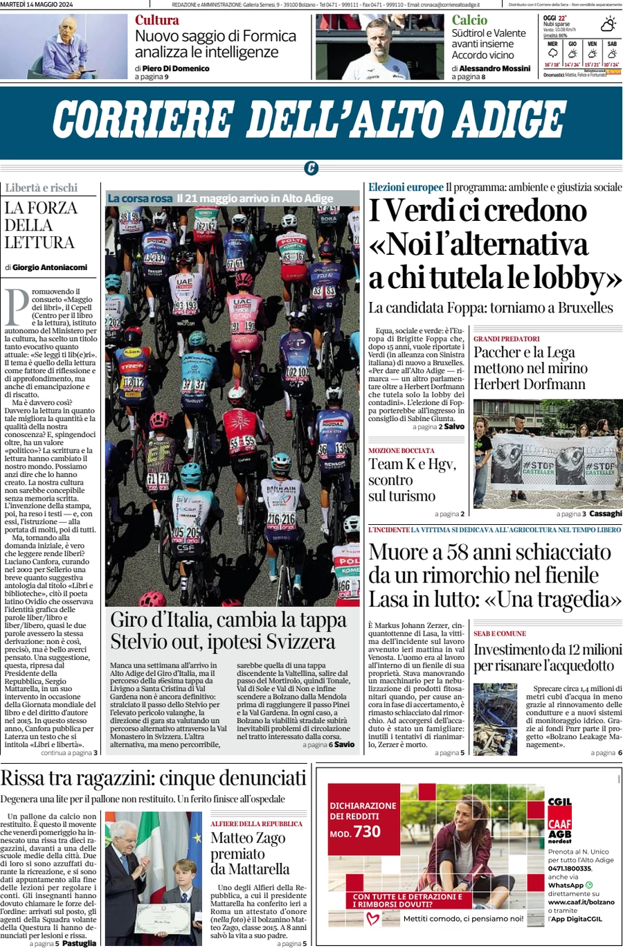 anteprima della prima pagina di corriere-dellalto-adige del 14/05/2024