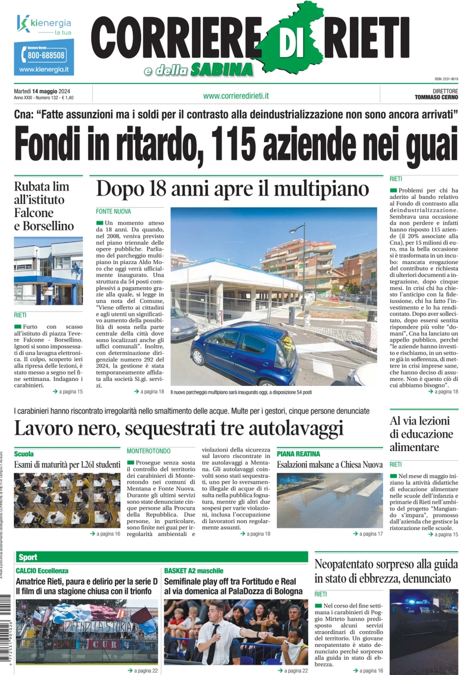 anteprima della prima pagina di corriere-di-rieti-e-della-sabina del 14/05/2024
