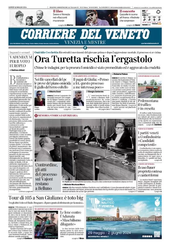 Anteprima prima pagina della rasegna stampa di ieri 2024-05-16 - corriere-del-veneto/