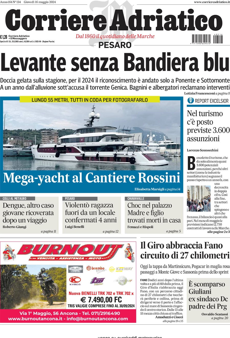 Anteprima prima pagina della rasegna stampa di ieri 2024-05-16 - corriere-adriatico-pesaro/