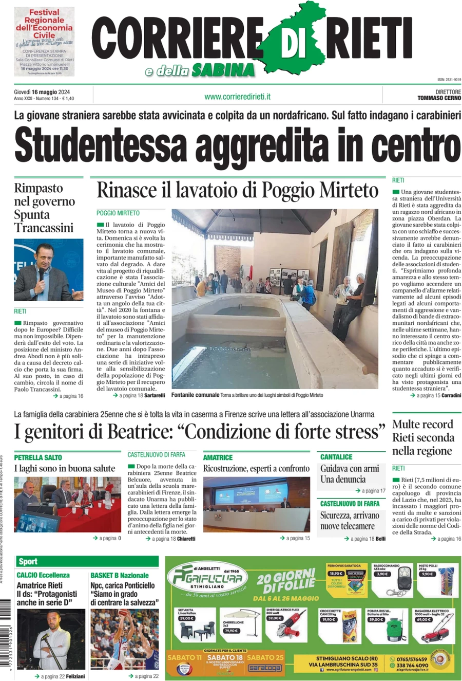 anteprima della prima pagina di corriere-di-rieti-e-della-sabina del 16/05/2024