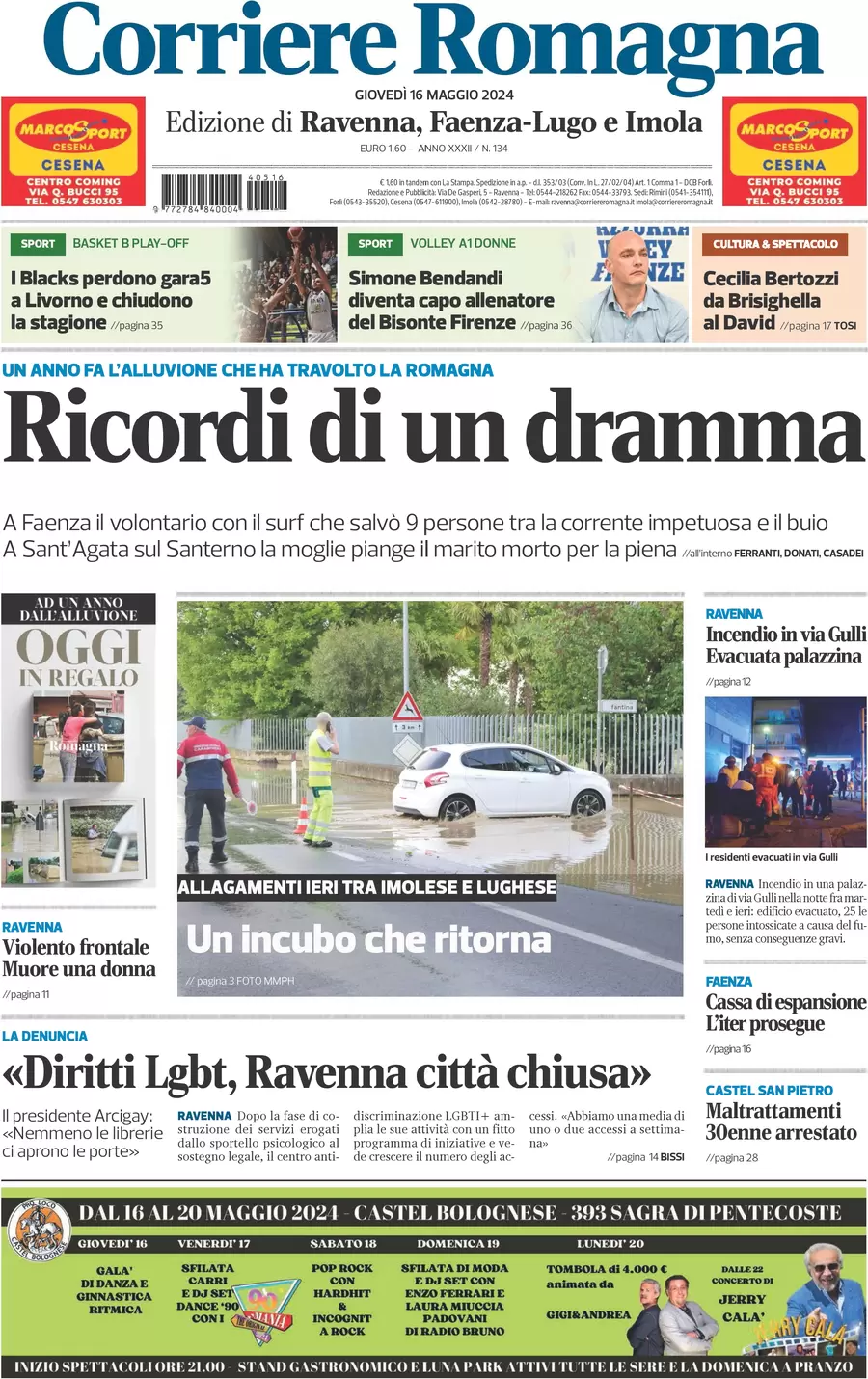 anteprima della prima pagina di corriere-romagna-ravenna-e-imola del 16/05/2024