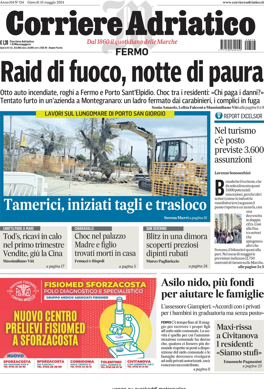 Anteprima prima pagina della rasegna stampa di ieri 2024-05-16 - corriere-adriatico-fermo/