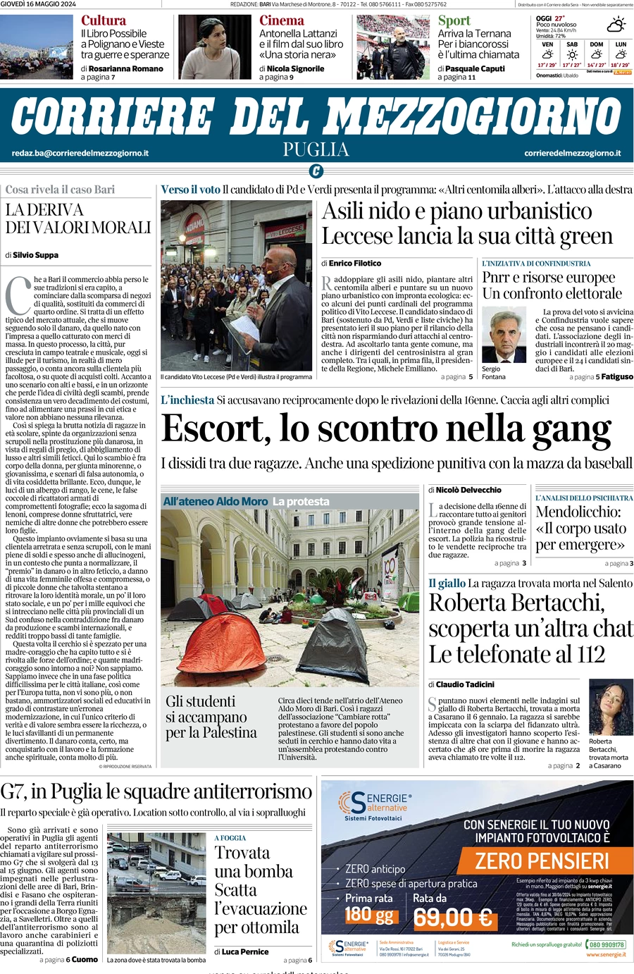 anteprima della prima pagina di corriere-del-mezzogiorno-puglia del 16/05/2024