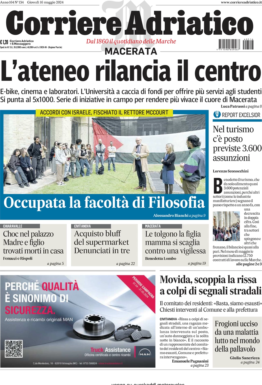 Anteprima prima pagina della rasegna stampa di ieri 2024-05-16 - corriere-adriatico-macerata/