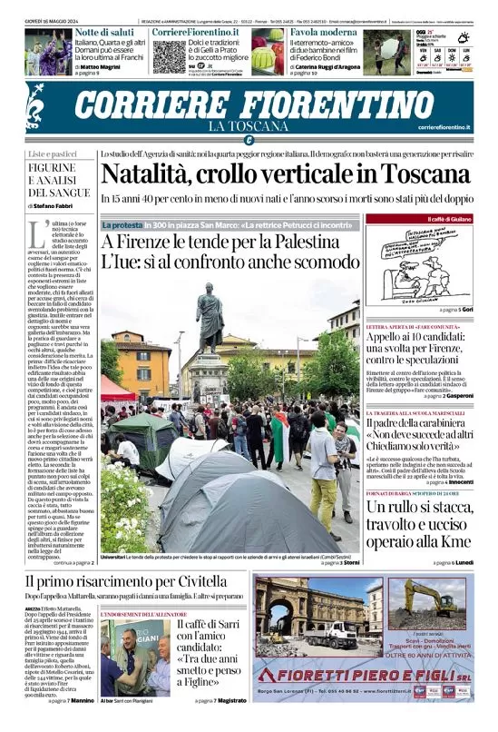 Anteprima prima pagina della rasegna stampa di ieri 2024-05-16 - corriere-fiorentino/