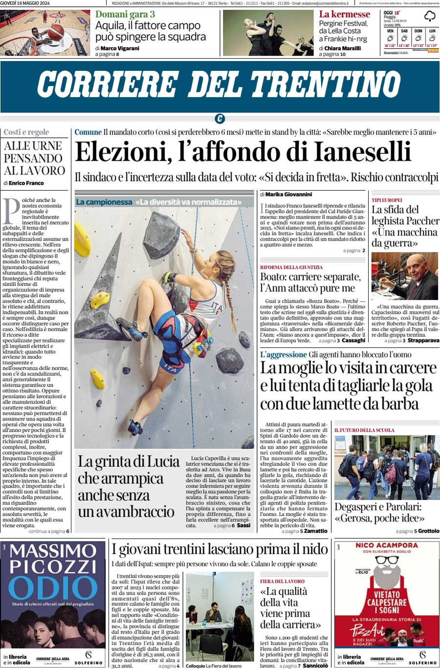 Anteprima prima pagina della rasegna stampa di ieri 2024-05-16 - corriere-del-trentino/