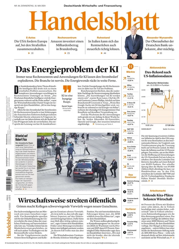 anteprima della prima pagina di handelsblatt del 16/05/2024