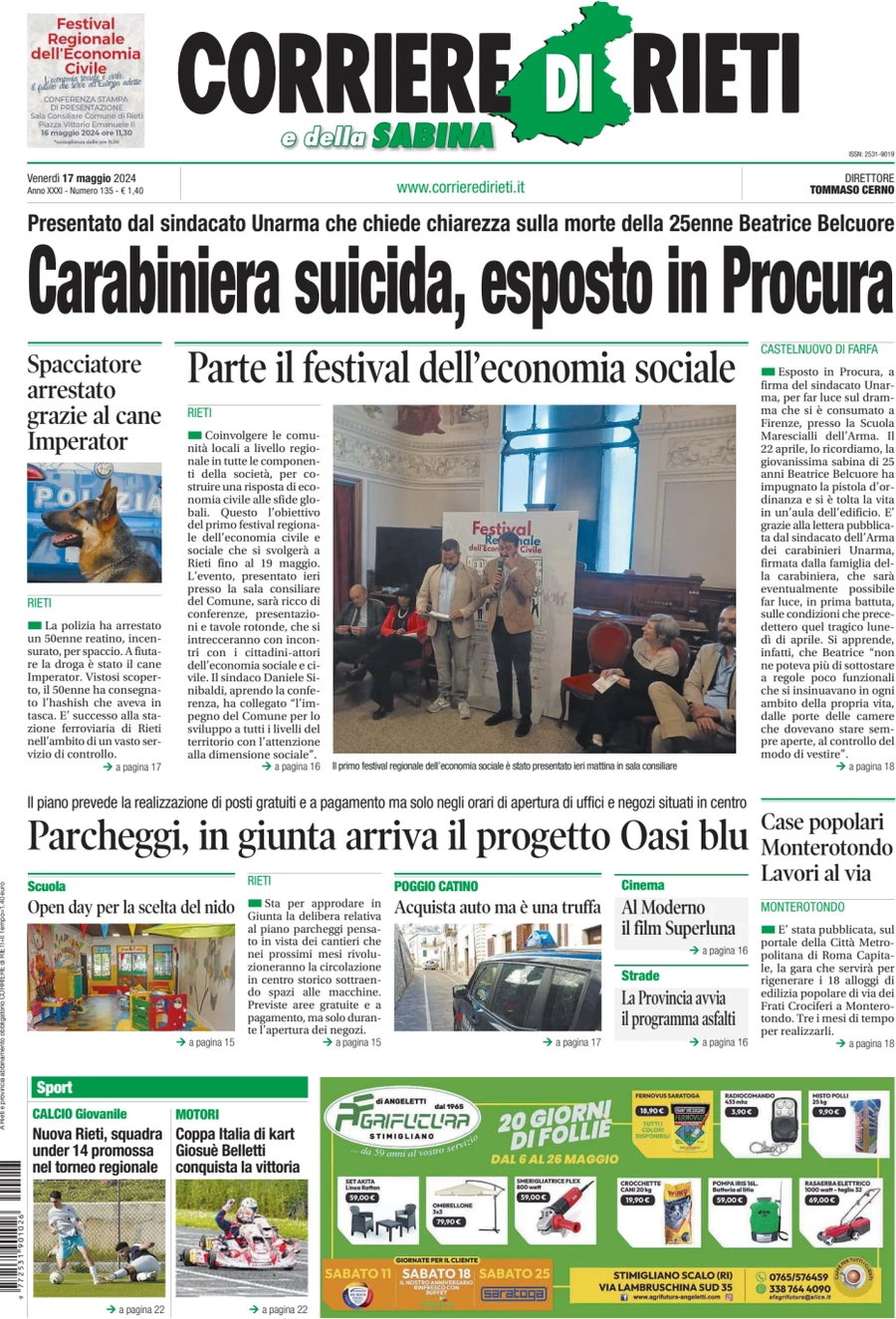 anteprima della prima pagina di corriere-di-rieti-e-della-sabina del 17/05/2024