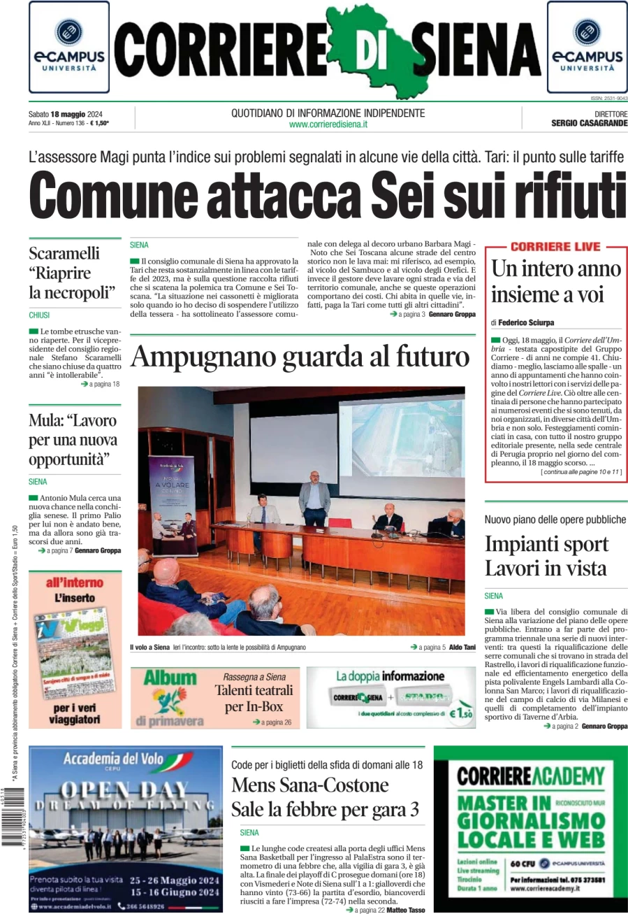 Anteprima prima pagina della rasegna stampa di ieri 2024-05-18 - corriere-di-siena/