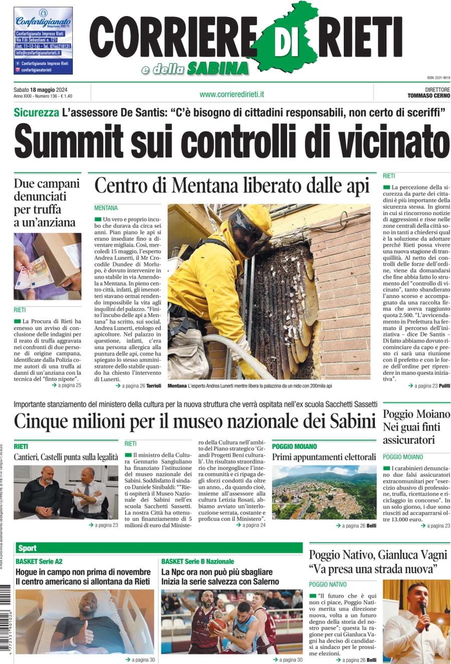anteprima della prima pagina di corriere-di-rieti-e-della-sabina del 18/05/2024