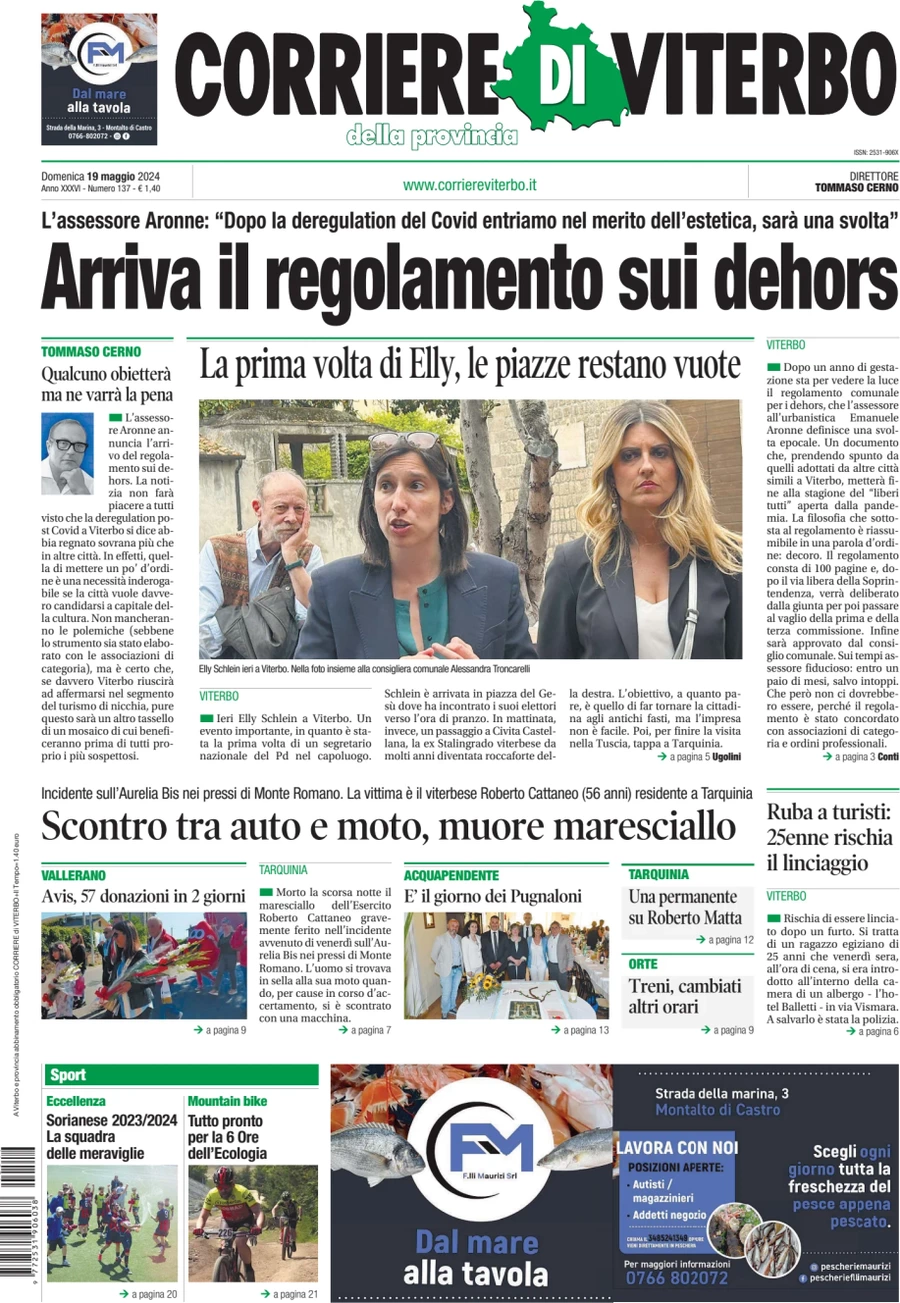 prima pagina - Corriere di Viterbo del 19/05/2024