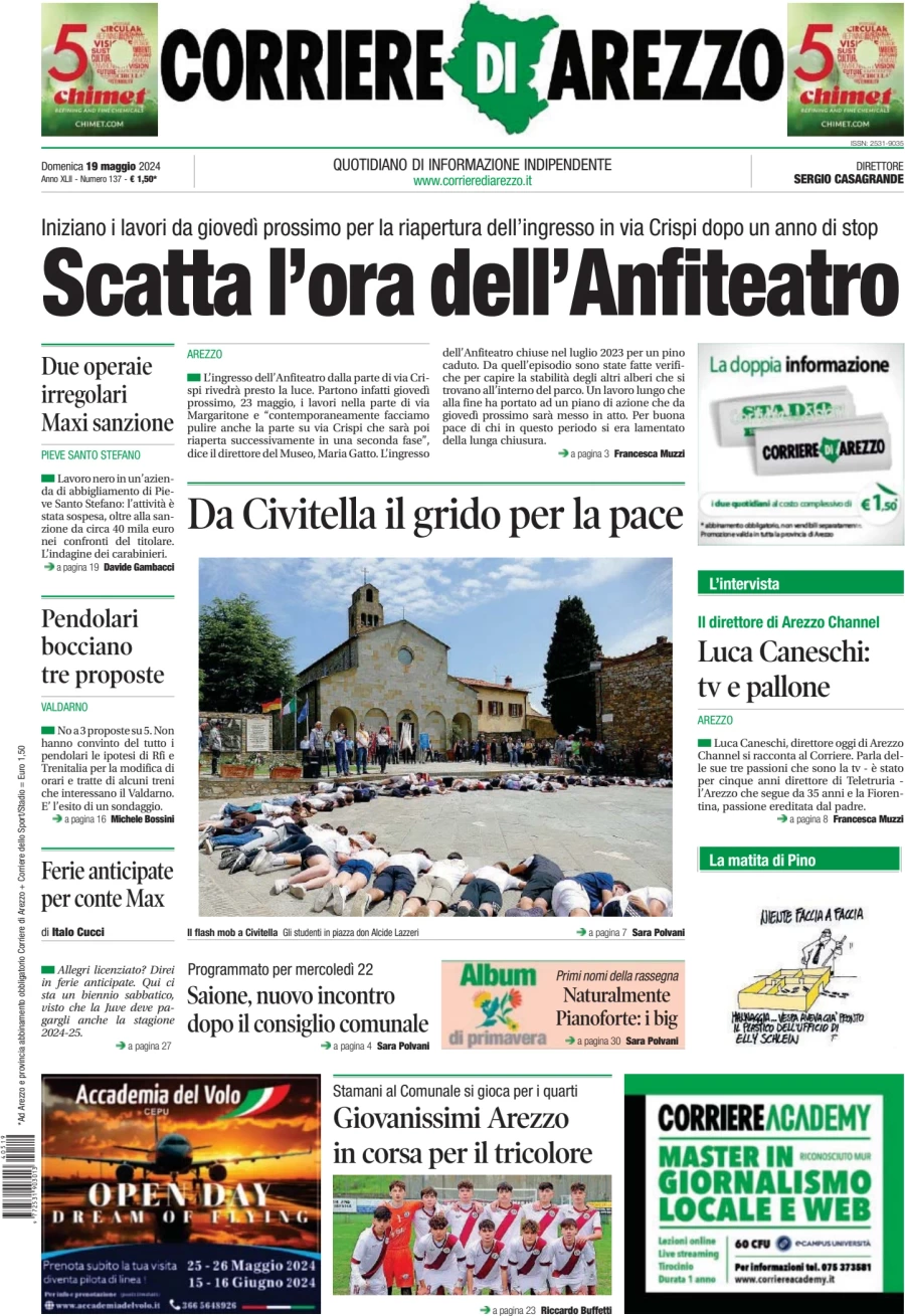 prima pagina - Corriere di Arezzo del 19/05/2024