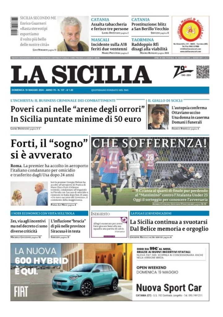 prima pagina - La Sicilia del 19/05/2024