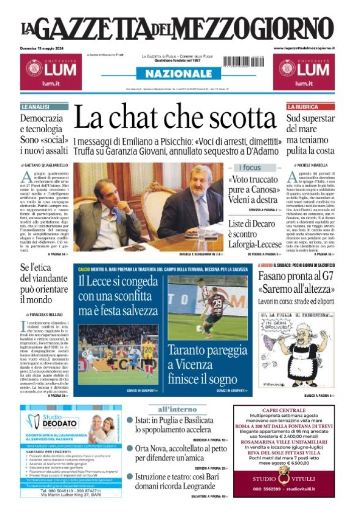prima pagina - La Gazzetta del Mezzogiorno (Basilicata) del 19/05/2024