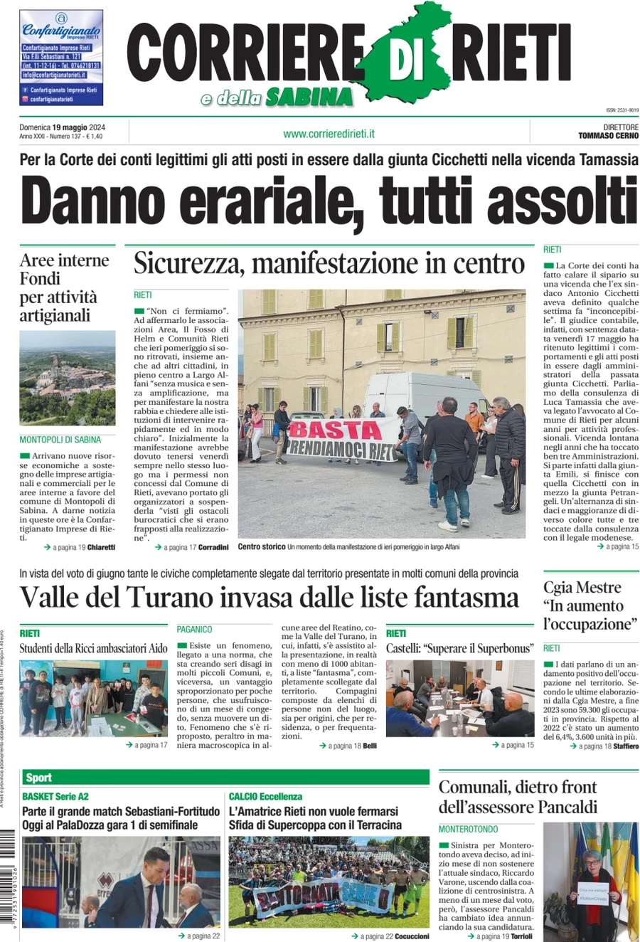 prima pagina - Corriere di Rieti e della Sabina del 19/05/2024