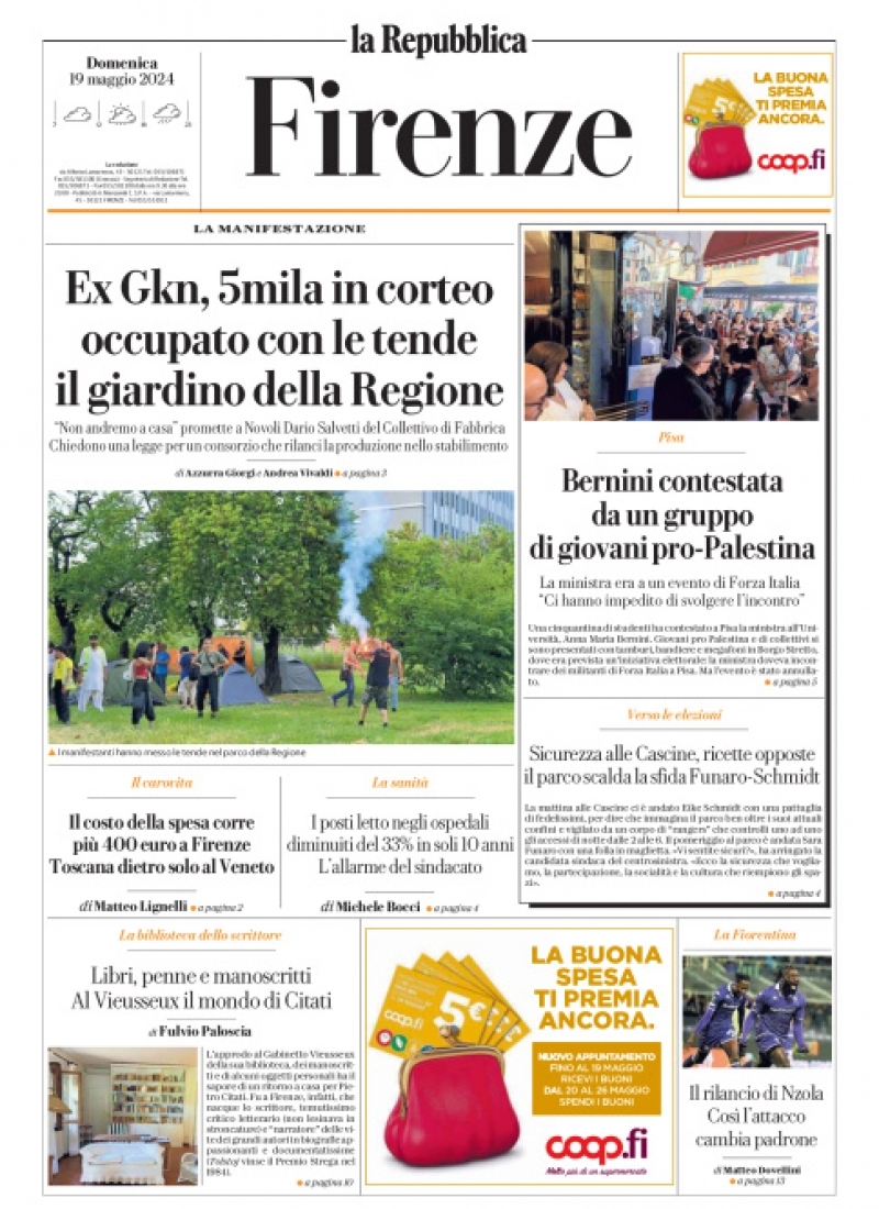 prima pagina - La Repubblica (Firenze) del 19/05/2024