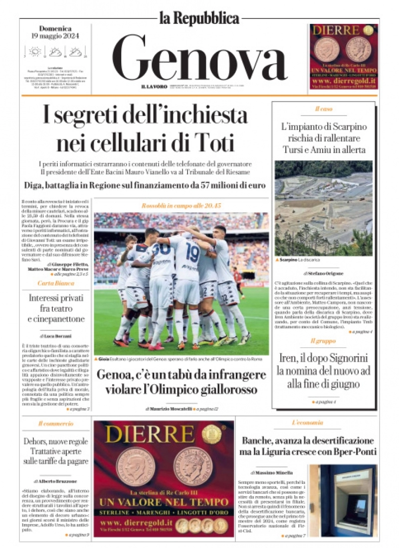 prima pagina - La Repubblica (Genova) del 19/05/2024