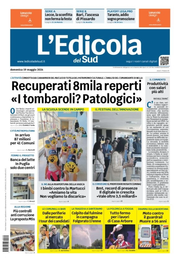 prima pagina - L'Edicola del Sud (Bari, Foggia, Basilicata) del 19/05/2024