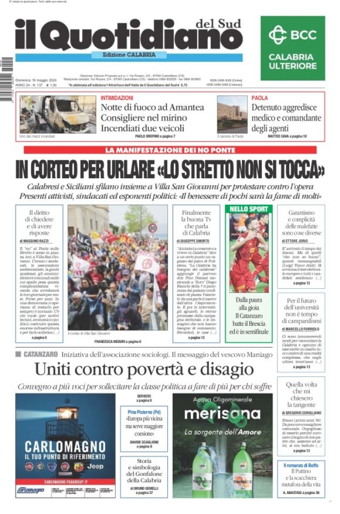 prima pagina - Il Quotidiano del Sud (Catanzaro) del 19/05/2024