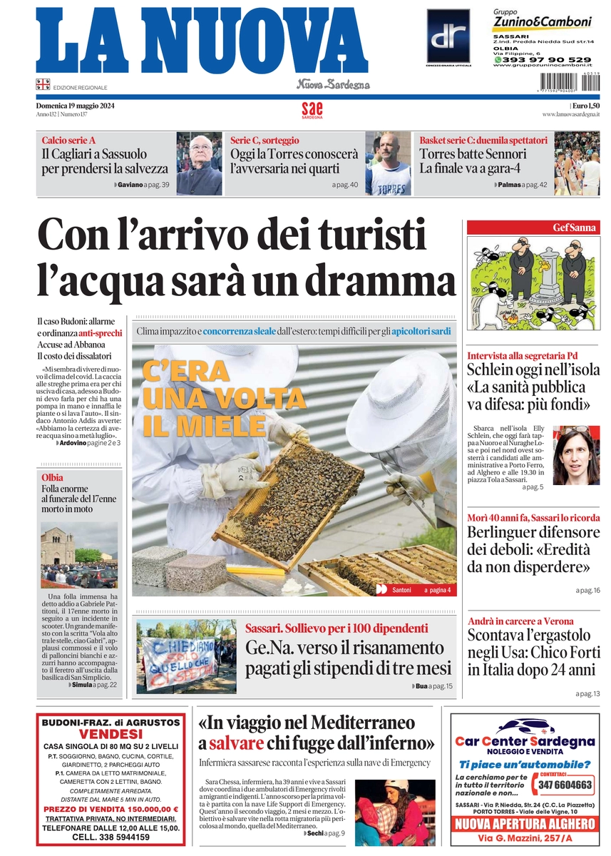 prima pagina - La Nuova Sardegna del 19/05/2024