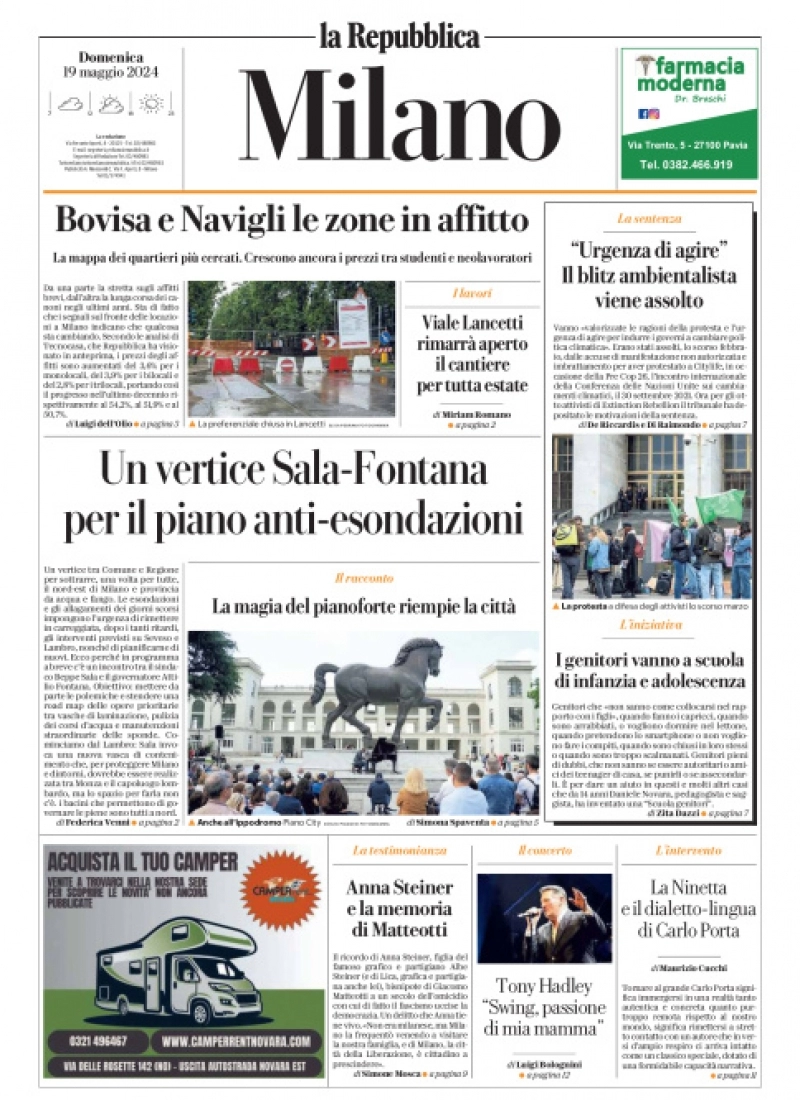 prima pagina - La Repubblica (Milano) del 19/05/2024