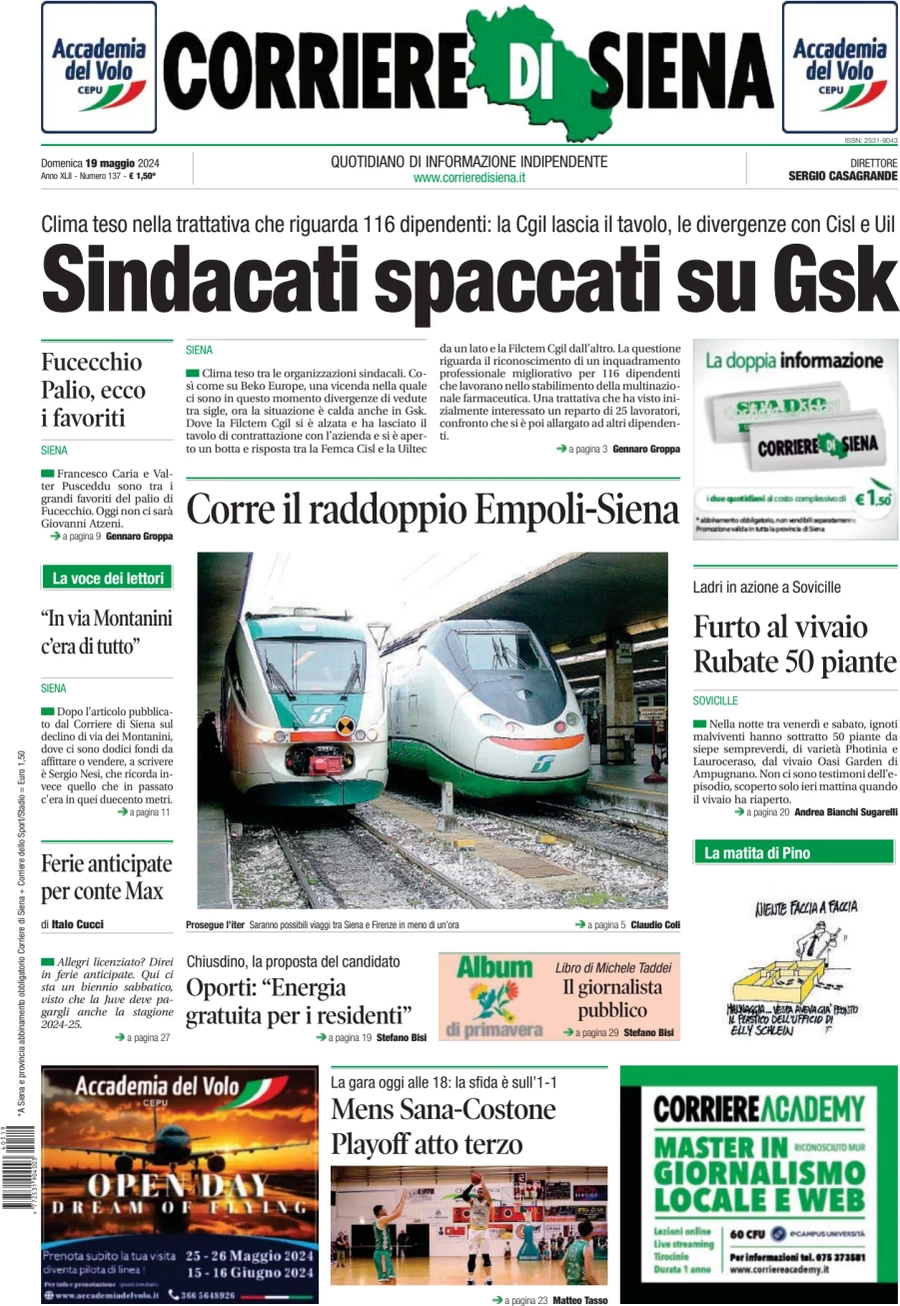 prima pagina - Corriere di Siena del 19/05/2024