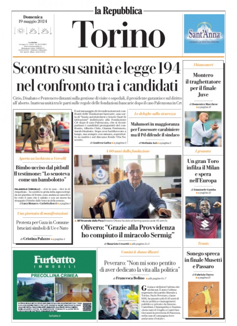 prima pagina - La Repubblica (Torino) del 19/05/2024