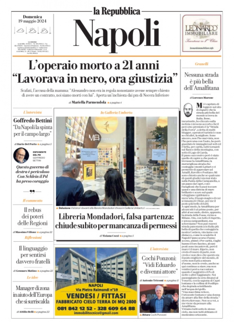 prima pagina - La Repubblica (Napoli) del 19/05/2024